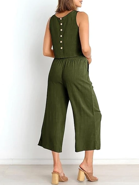 Keten Yazlık Yüksel Bel Capri Pantolon Sırt Detaylı Kolsuz İkili Takım ürün görseli 1