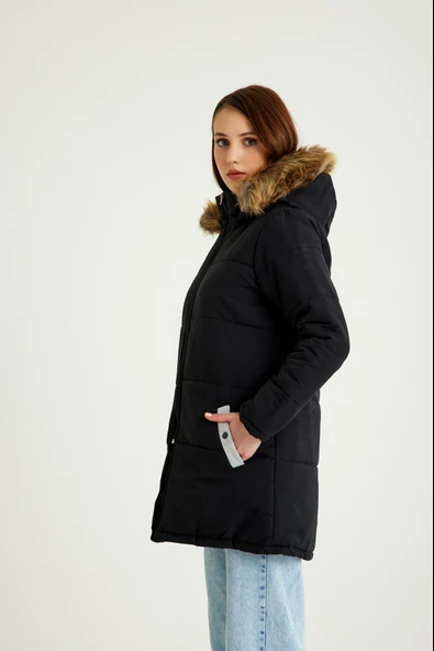 Kışlık Kürk Yaka Şişme Kadın Mont - 5