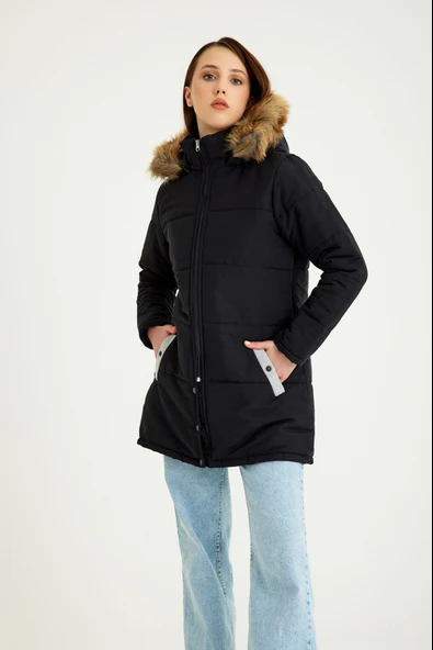 Kışlık Kürk Yaka Şişme Kadın Mont - 4