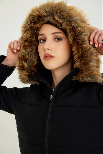 Kışlık Kürk Yaka Şişme Kadın Mont - 7