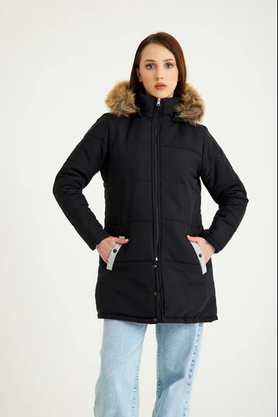 Kışlık Kürk Yaka Şişme Kadın Mont - 3