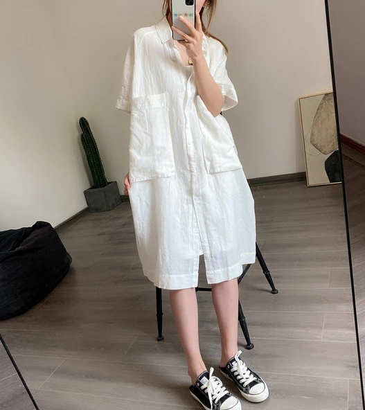 Günlük Cep Detaylı Salaş Kadın Elbise - Resim 4