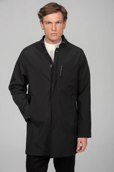 Erkek Soft Jel Kumaşdan Dik Yaka Önü Düğmeli Astarsız Fit Klasik Kaban