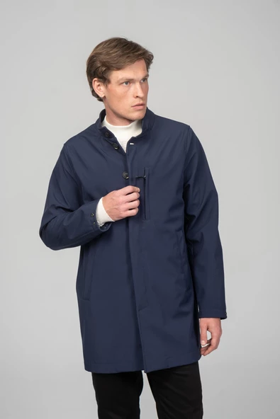 Erkek Soft Jel Kumaşdan Dik Yaka Önü Düğmeli Astarsız Fit Klasik Kaban - 8