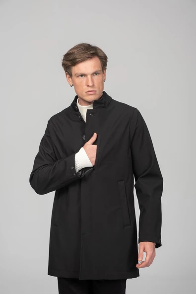 Erkek Soft Jel Kumaşdan Dik Yaka Önü Düğmeli Astarsız Fit Klasik Kaban - 2