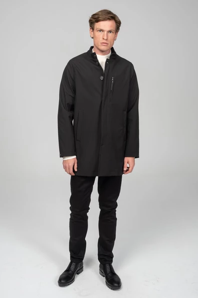 Erkek Soft Jel Kumaşdan Dik Yaka Önü Düğmeli Astarsız Fit Klasik Kaban - 5