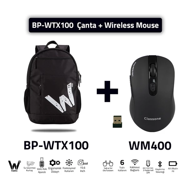 Classone BP-WTX100 Wtxpro Su Geçirmez Kumaş 15.6" Laptop Notebook Sırt Çantası + Kablosuz Mouse