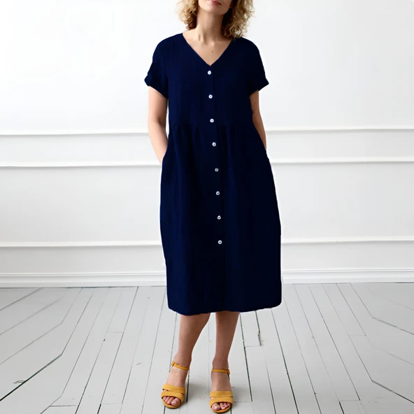 Keten Günlük Yazlık V yaka Kısa Kol Düğme Detaylı Kadın Elbise - 2