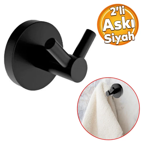 Metal Sağlam Aparat Vidalı Lavabo Banyo Wc Bez Havlu Çatal Askı Siyah Tuvalet Kağıtlık 3'lü Set - 2