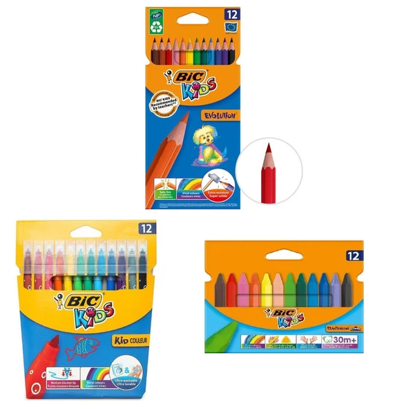 Bic 3 Parça Boya Seti 12 li Pastel+Kuru Boya+Keçeli Kalem