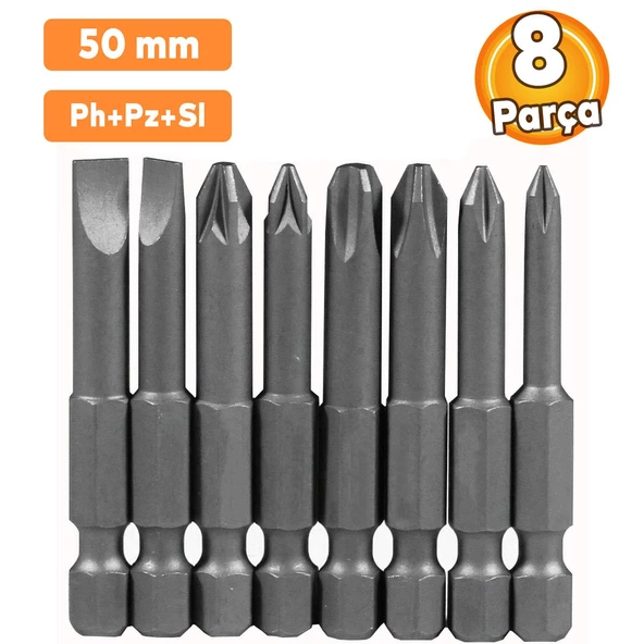 Matkap Ucu Uçları 50 mm Yıldız Düz Bits Vidalama Uç Seti PH+PZ+SL 8 Parça