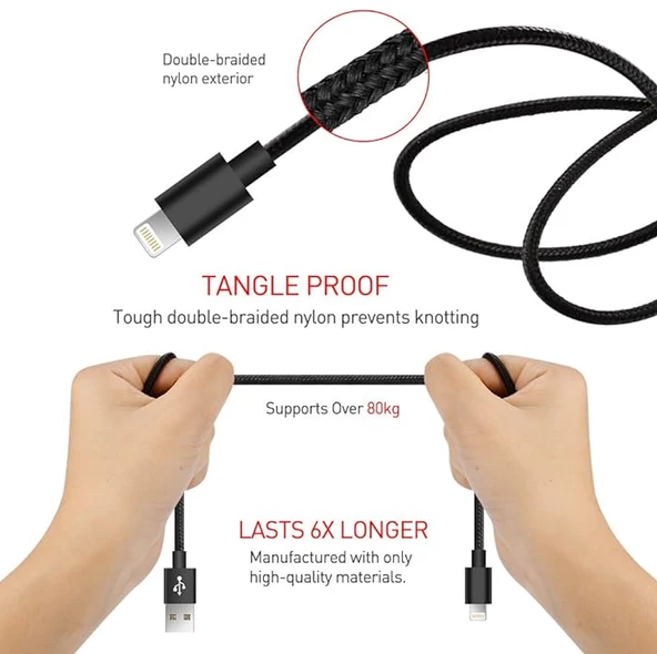 QASUL iPhone Örgülü Hızlı Şarj Kablosu Usb To Lightning 6 6s 7 8 X Xs Xr 11 12 13 14 Pro Max Plus Uyumlu Siyah - 5
