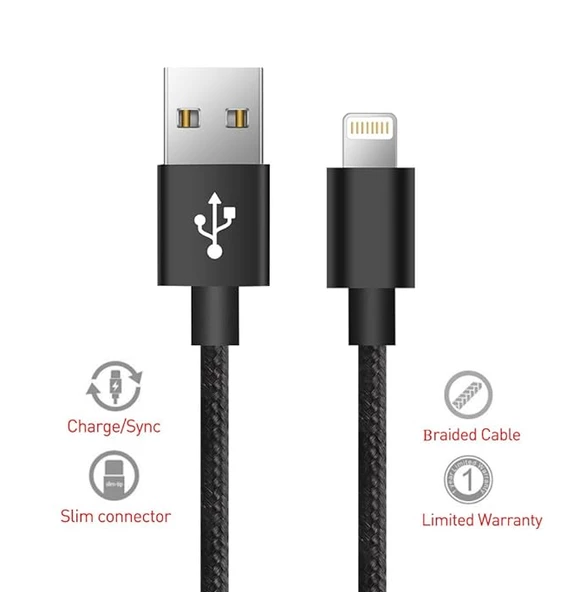 QASUL iPhone Örgülü Hızlı Şarj Kablosu Usb To Lightning 6 6s 7 8 X Xs Xr 11 12 13 14 Pro Max Plus Uyumlu Siyah - 4