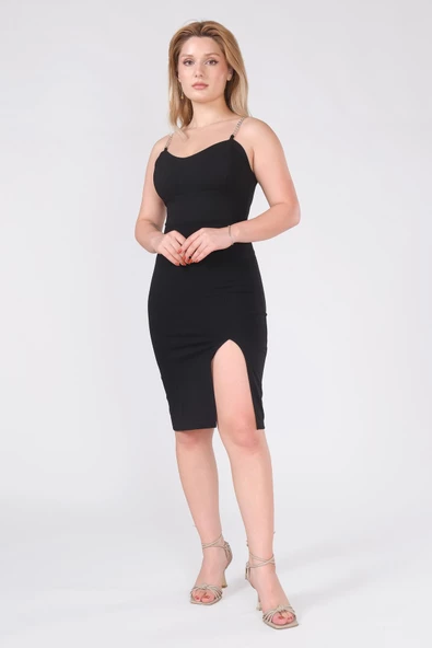 Kadın Zincir Askılı Kalem Elbise Siyah