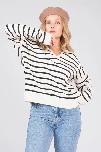 Kadın Polo Yaka İnce Çizgili Triko Kazak Bej - Resim 5