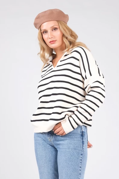 Kadın Polo Yaka İnce Çizgili Triko Kazak Bej - Resim 3