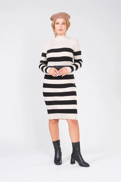 Kadın Kemerli Çizgili Triko Elbise Bej - 5