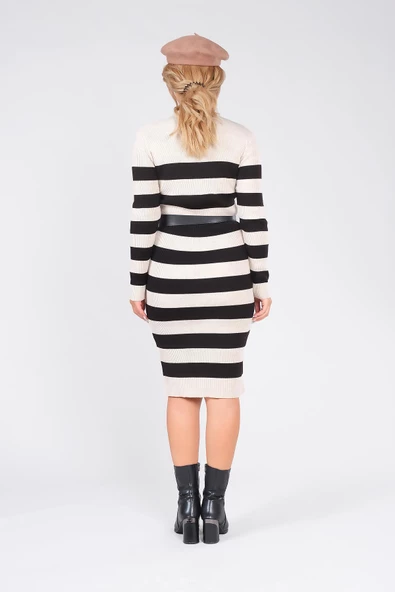 Kadın Kemerli Çizgili Triko Elbise Bej - 6