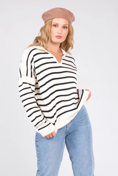 Kadın Polo Yaka İnce Çizgili Triko Kazak Bej - Resim 2