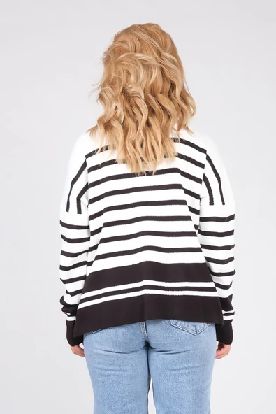 Kadın Dik Yaka Yarım Fermuarlı Çizgili Triko Kazak Siyah - 6