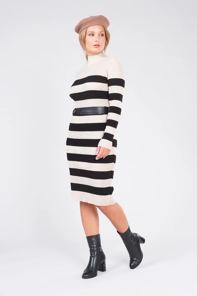 Kadın Kemerli Çizgili Triko Elbise Bej - 2