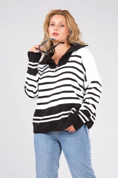 Kadın Dik Yaka Yarım Fermuarlı Çizgili Triko Kazak Siyah