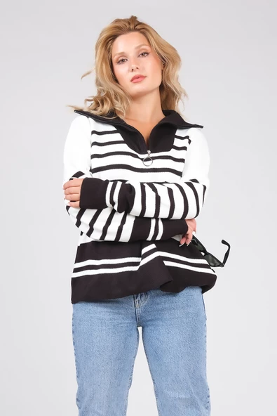 Kadın Dik Yaka Yarım Fermuarlı Çizgili Triko Kazak Siyah - 5