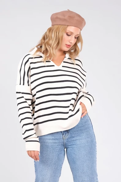 Kadın Polo Yaka İnce Çizgili Triko Kazak Bej - Resim 4