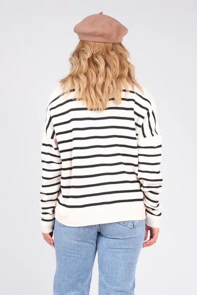 Kadın Polo Yaka İnce Çizgili Triko Kazak Bej - Resim 6