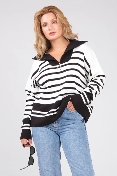 Kadın Dik Yaka Yarım Fermuarlı Çizgili Triko Kazak Siyah - 3