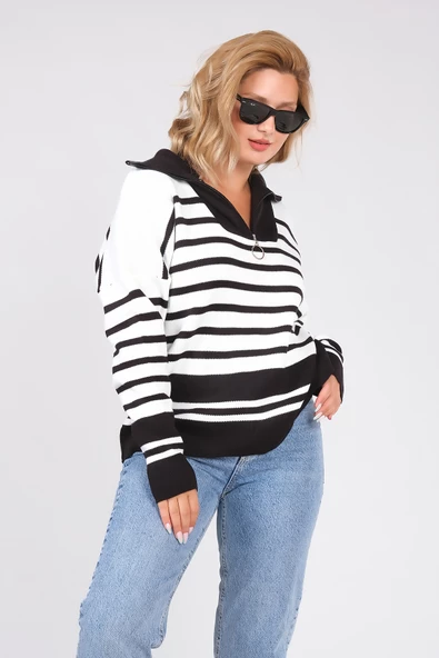 Kadın Dik Yaka Yarım Fermuarlı Çizgili Triko Kazak Siyah - 2