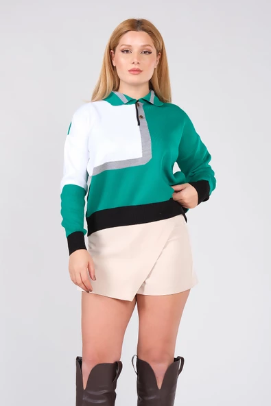Kadın Polo Yaka Çift Renk Oversize Kazak Yeşil - 2