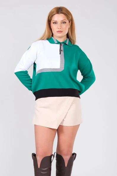 Kadın Polo Yaka Çift Renk Oversize Kazak Yeşil - 4