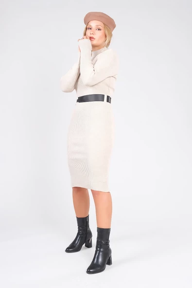 Kadın Yarım Balıkçı Kemerli Triko Elbise Bej - 4