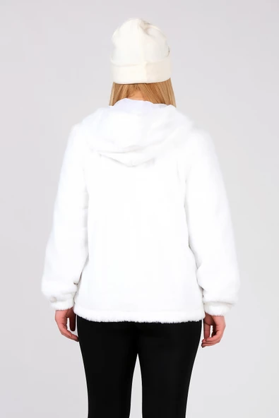 Kadın Kapüşonlu Peluş Mont Beyaz - 6