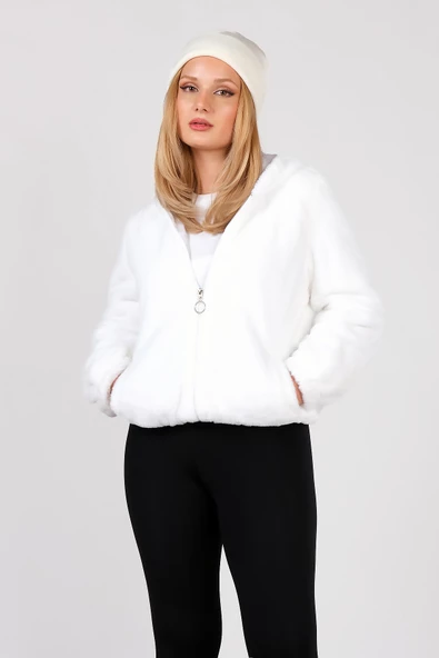 Kadın Kapüşonlu Peluş Mont Beyaz