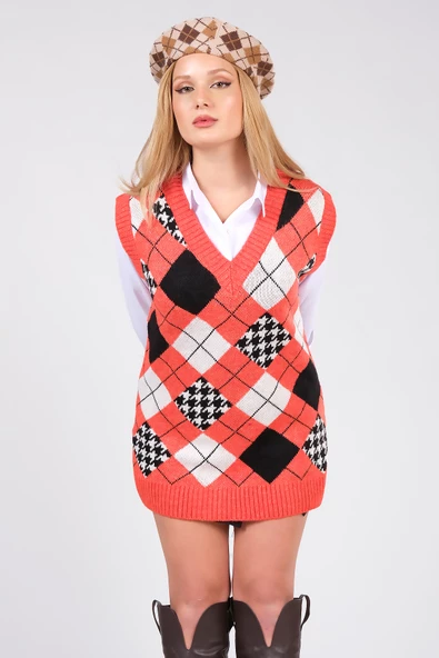 Kadın Baklava Desen Oversize Triko Süveter Turuncu - 3