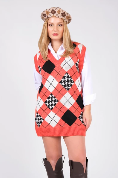 Kadın Baklava Desen Oversize Triko Süveter Turuncu - 4