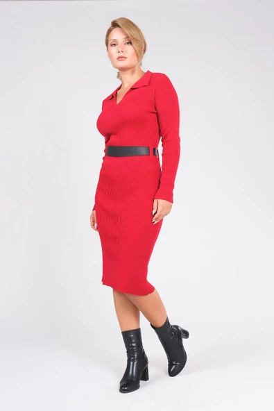 Kadın Polo Yaka Kemerli Triko Elbise Kırmızı - 4
