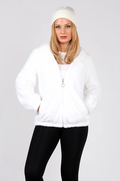 Kadın Kapüşonlu Peluş Mont Beyaz - 4