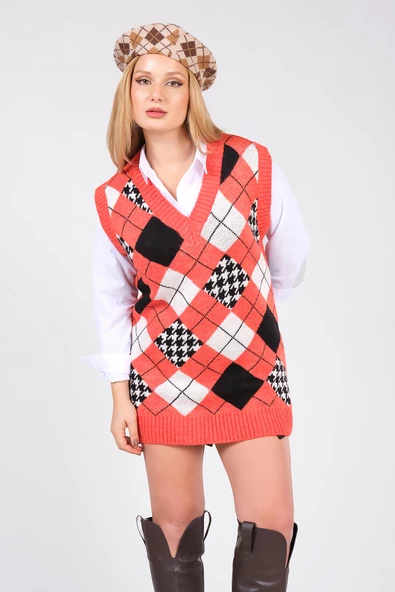 Kadın Baklava Desen Oversize Triko Süveter Turuncu