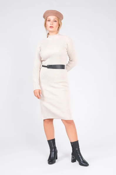 Kadın Yarım Balıkçı Kemerli Triko Elbise Bej - 5