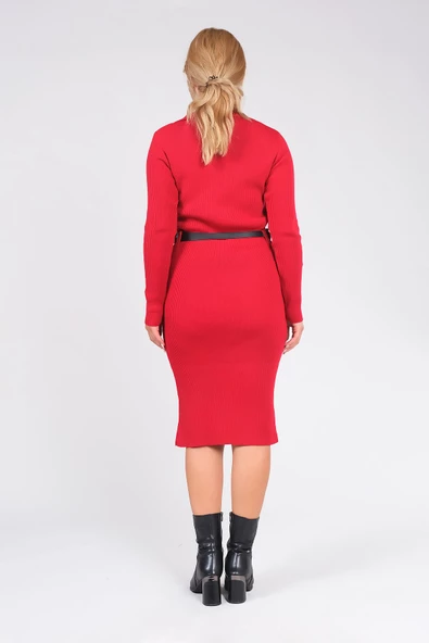 Kadın Polo Yaka Kemerli Triko Elbise Kırmızı - 6