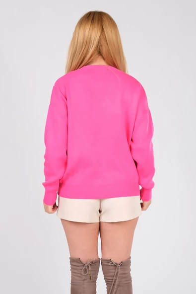 Kadın Nakış İşlemeli Oversize Kazak Fuşya - 6