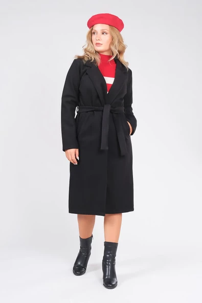 Kadın Astarsız Kuşaklı Kaşe Kaban Siyah - Resim 3