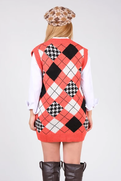 Kadın Baklava Desen Oversize Triko Süveter Turuncu - 6