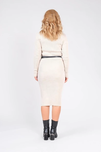 Kadın Polo Yaka Kemerli Triko Elbise Bej - 6