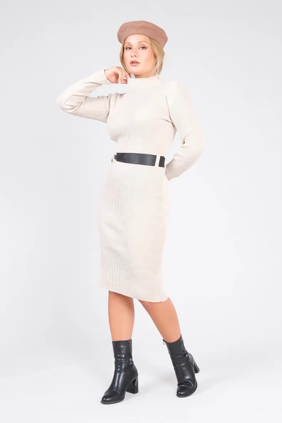 Kadın Yarım Balıkçı Kemerli Triko Elbise Bej