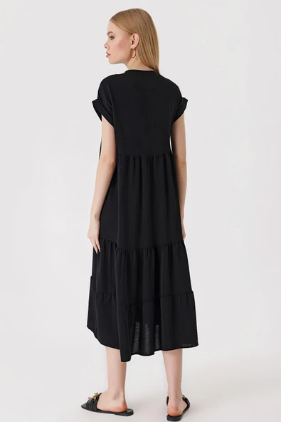 Kadın V Yaka Volanlı Elbise Siyah - 5