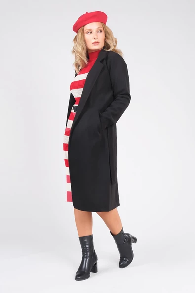 Kadın Astarsız Kuşaklı Kaşe Kaban Siyah - Resim 2